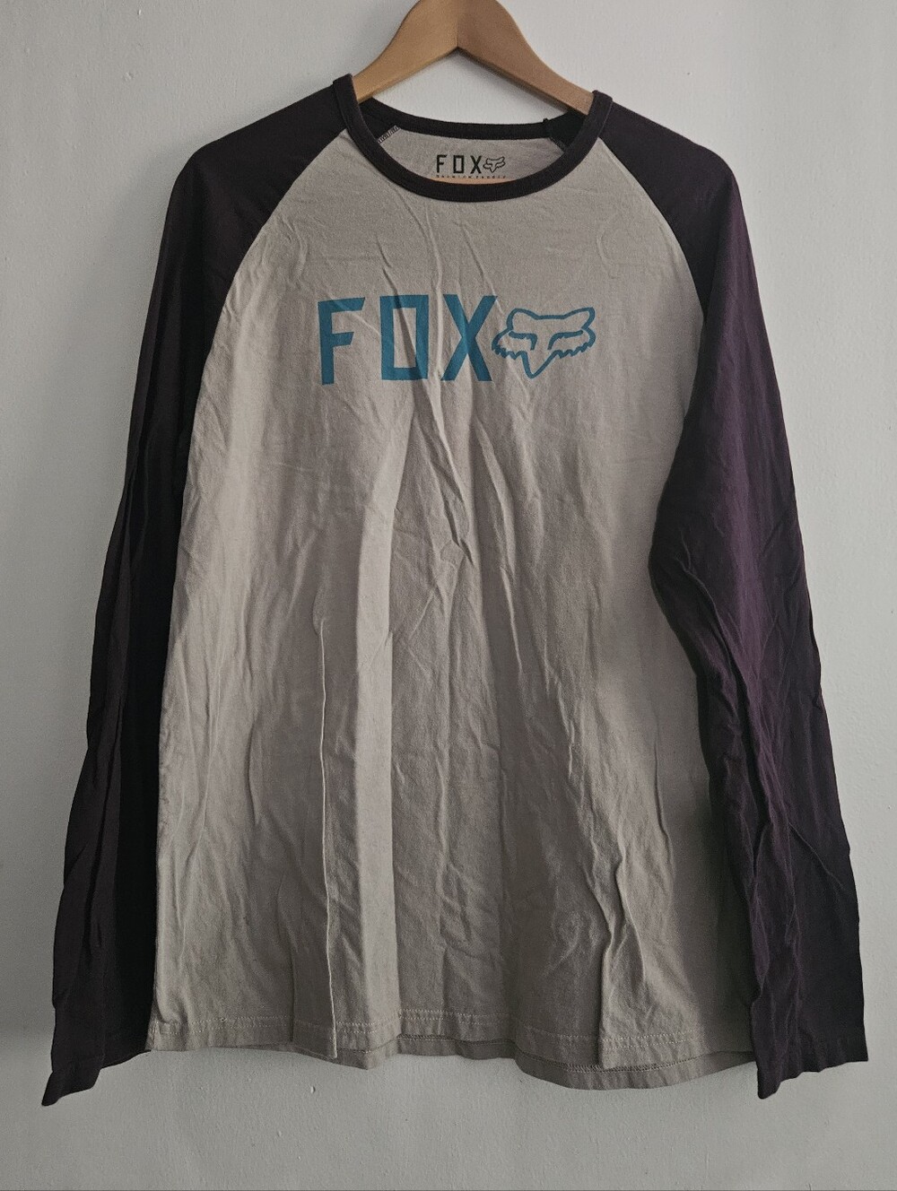 Fox Long Sleeve Raglan Shirt - Cream Body with Dark Purple Sleeves